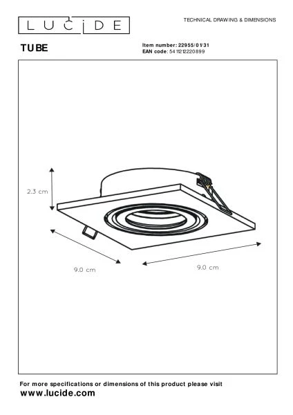 Lucide TUBE - Einbaustrahler - 1xGU10 - Weiß - TECHNISCH